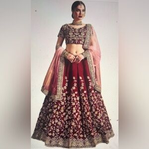 Fully Embroidered Maroon and Pink Lehenga Choli Dupetta new Indian designer piec